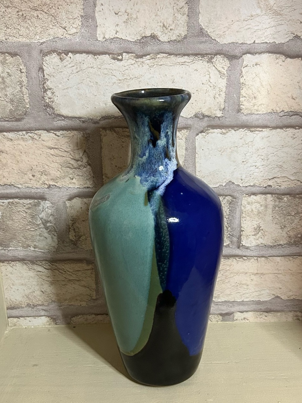 Vintage Handcrafted Glazed Ceramic Vase in Blue and Teal and Brown Vase